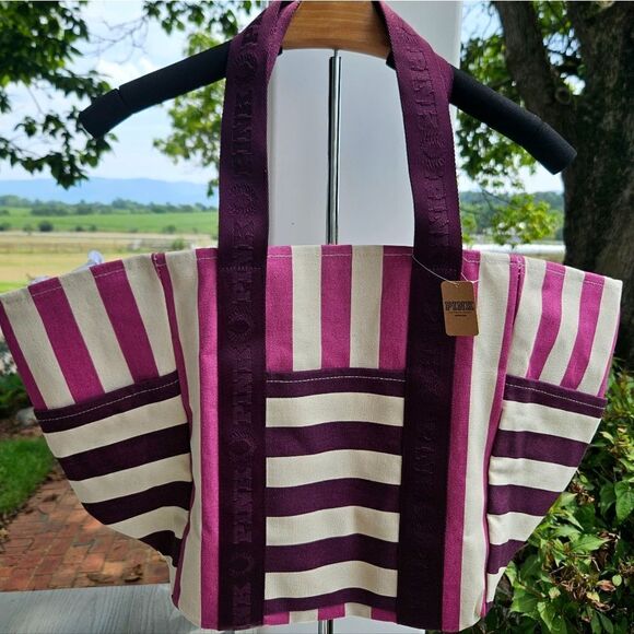 Victoria's Secret Striped Carry On Large Canvas Zipper Beach Tote NEW MSRP $49 - Picture 14 of 14
